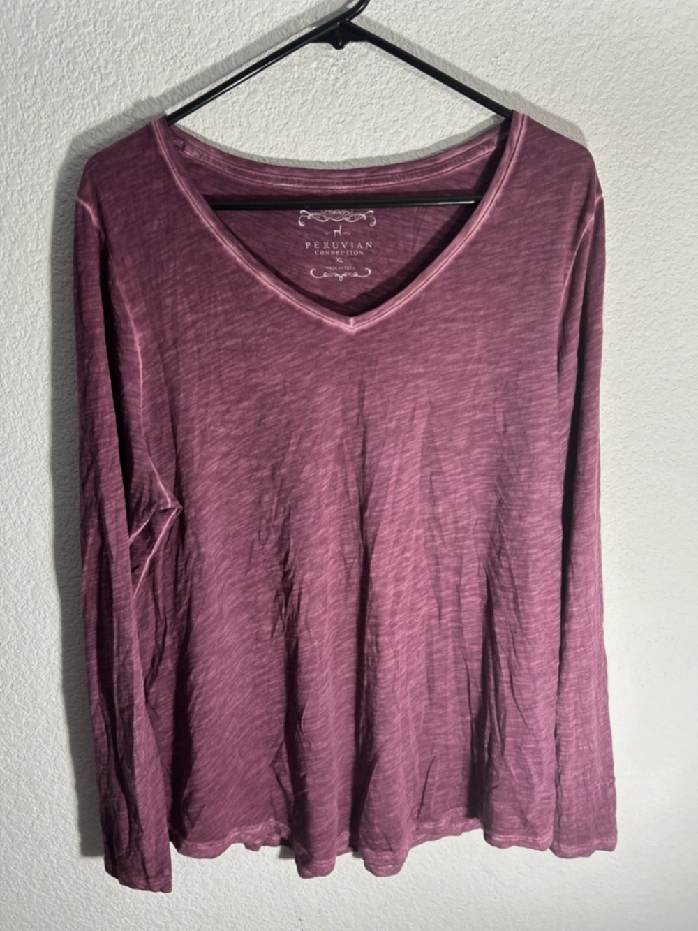 Peruvian Connection Women’s Faded Purple Cotton V-Neck Tee Long Sleeve Size ~XL